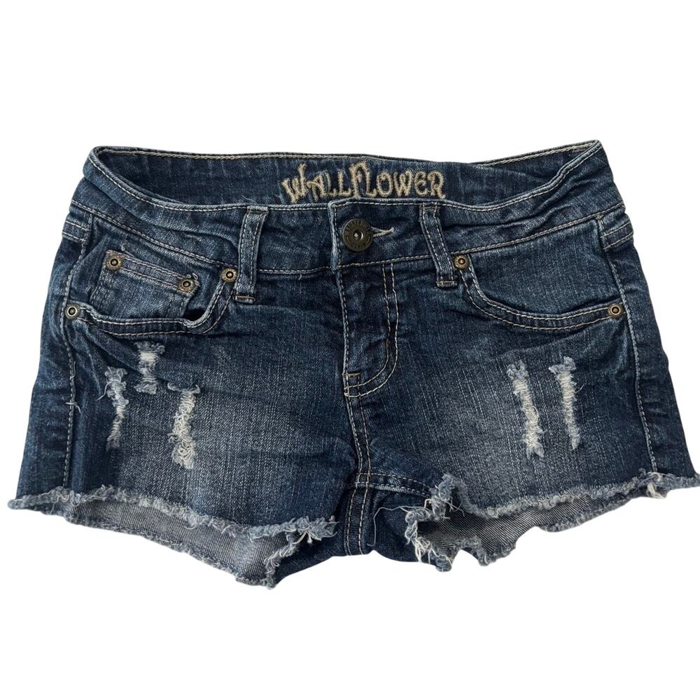 Y2K Wallflower micro mini denim shorts sz 1 low rise raw hem blue summer preppy